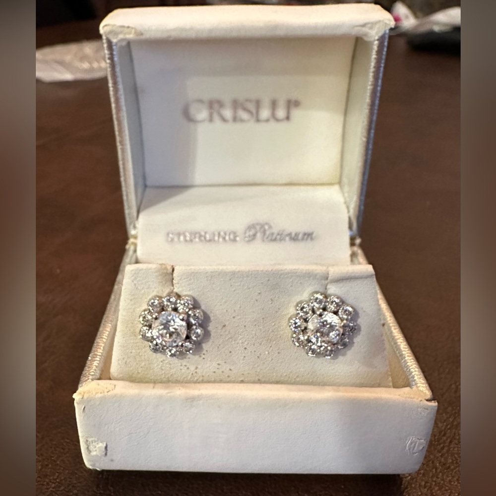 Beautiful Crislu Sterling Silver and CZ Stud Earrings with Halo
